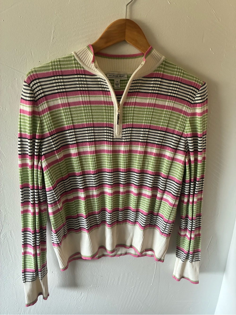 St John Sport Green & Pink Stripe Quarter-Zip Sweater Medium